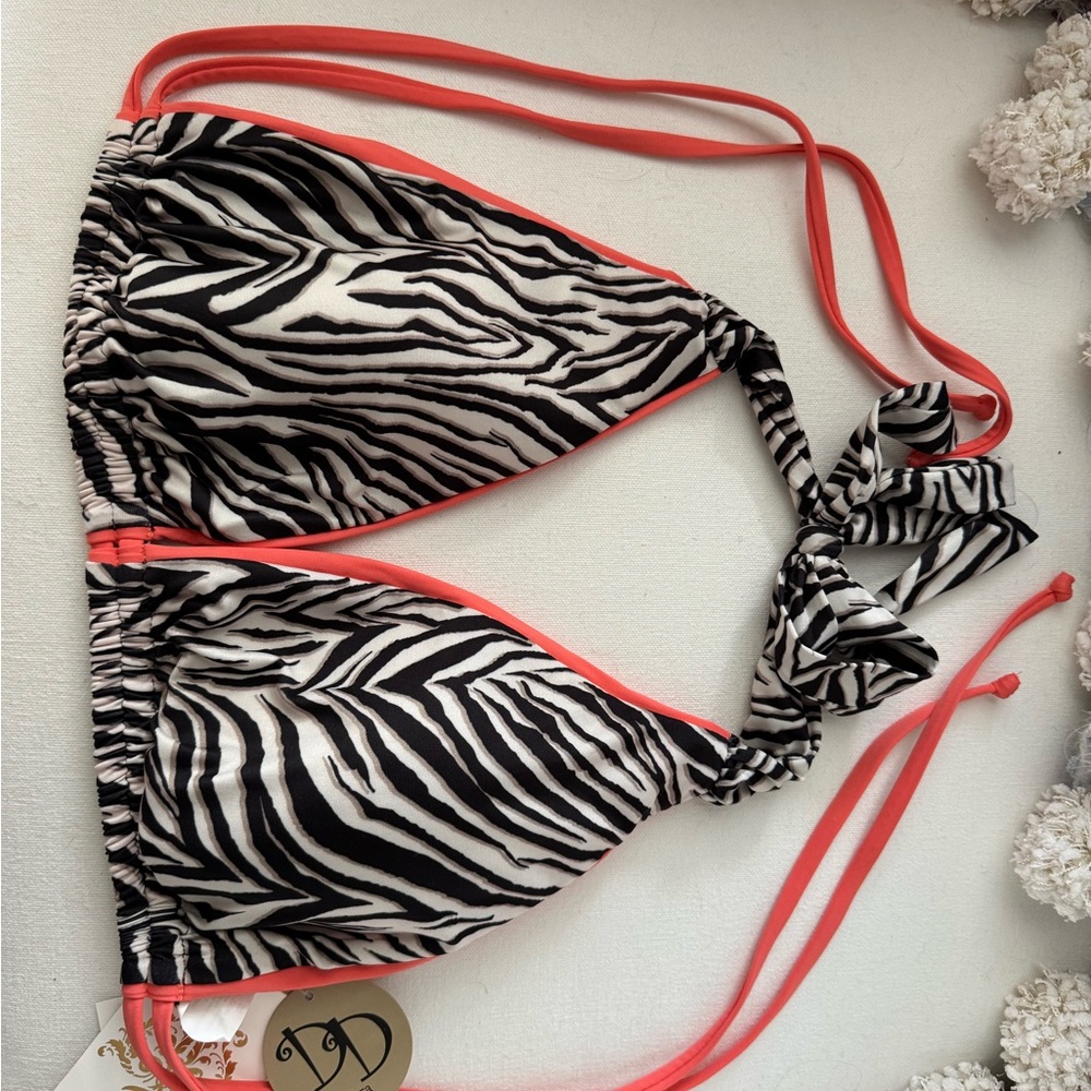 Becca Zebra Print Bikini Top with Coral Straps